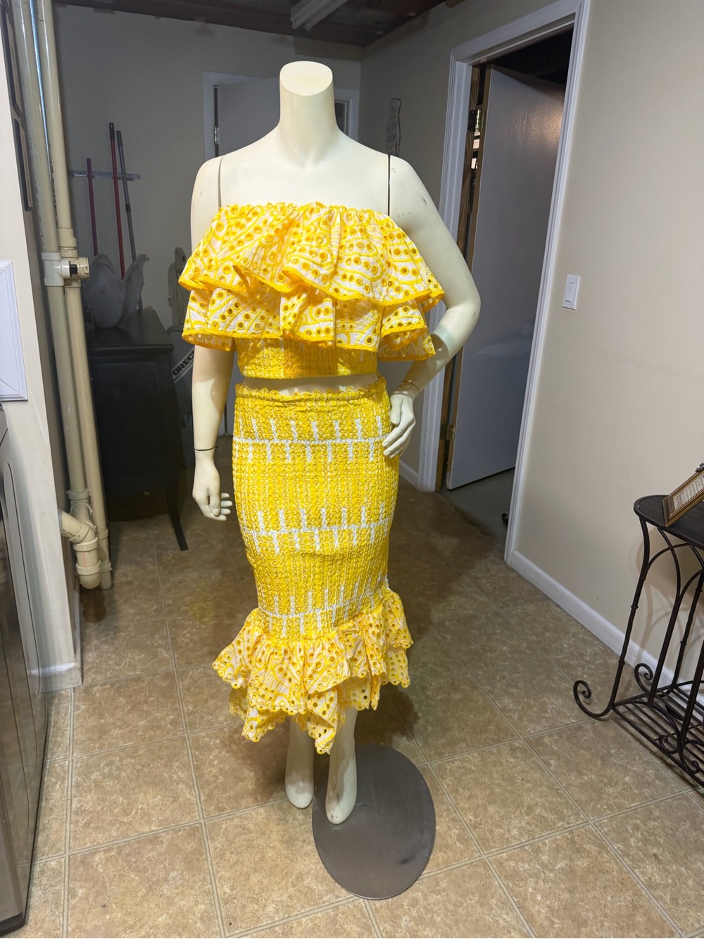 AKIRA Bright Yellow Eyelet Ruffled Midi Skirt Set
